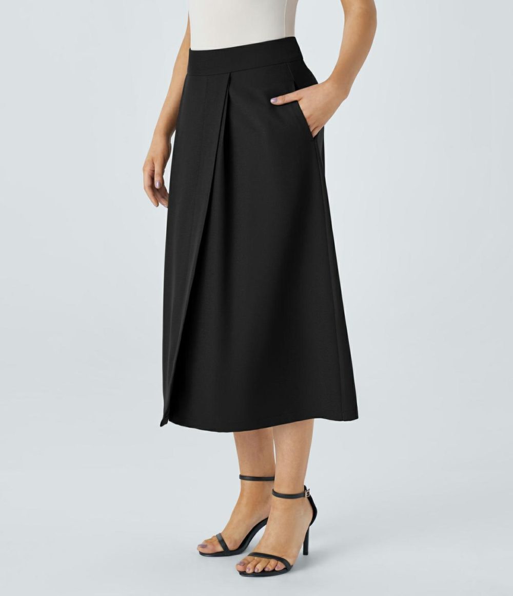 High Waisted Invisible Zipper Side Pocket Split Midi Work Skirt  | Womens  Commuting Skirts Clothing Commuting Skirts