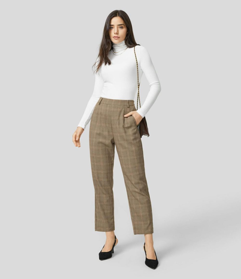 High Waisted Invisible Zipper Side Pocket Straight Leg Houndstooth Work Suit Pants  | Womens  Active Work Pants Active Work Pants Active Work Pants