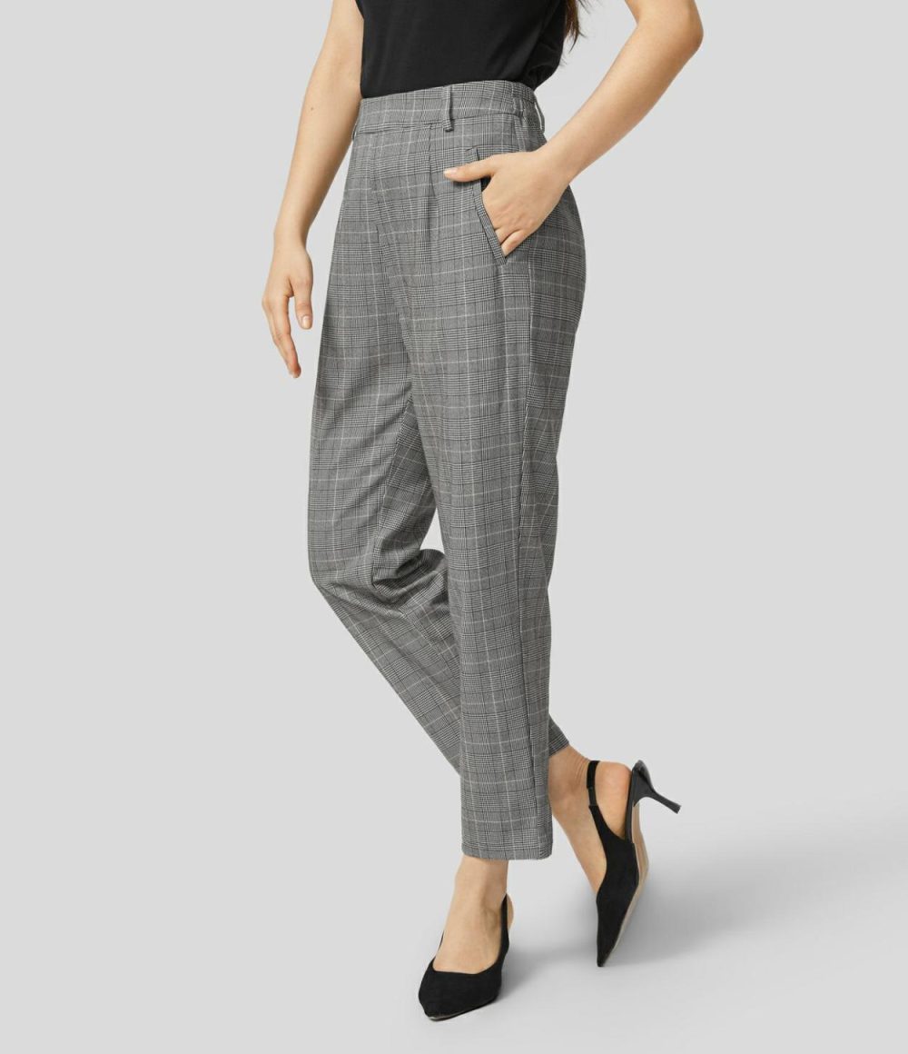 High Waisted Invisible Zipper Side Pocket Straight Leg Houndstooth Work Suit Pants  | Womens  Active Work Pants Active Work Pants Active Work Pants