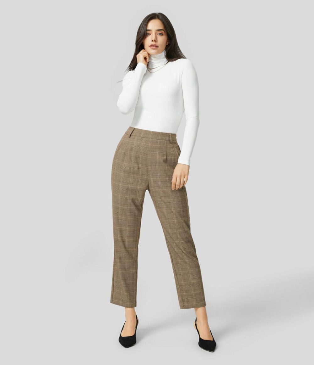 High Waisted Invisible Zipper Side Pocket Straight Leg Houndstooth Work Suit Pants  | Womens  Active Work Pants Active Work Pants Active Work Pants