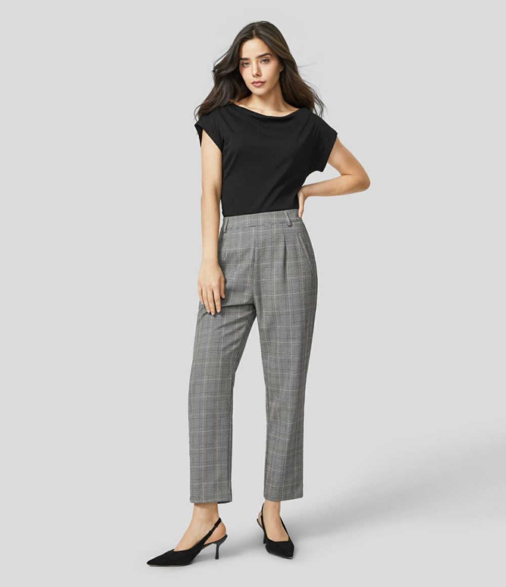 High Waisted Invisible Zipper Side Pocket Straight Leg Houndstooth Work Suit Pants  | Womens  Active Work Pants Active Work Pants Active Work Pants