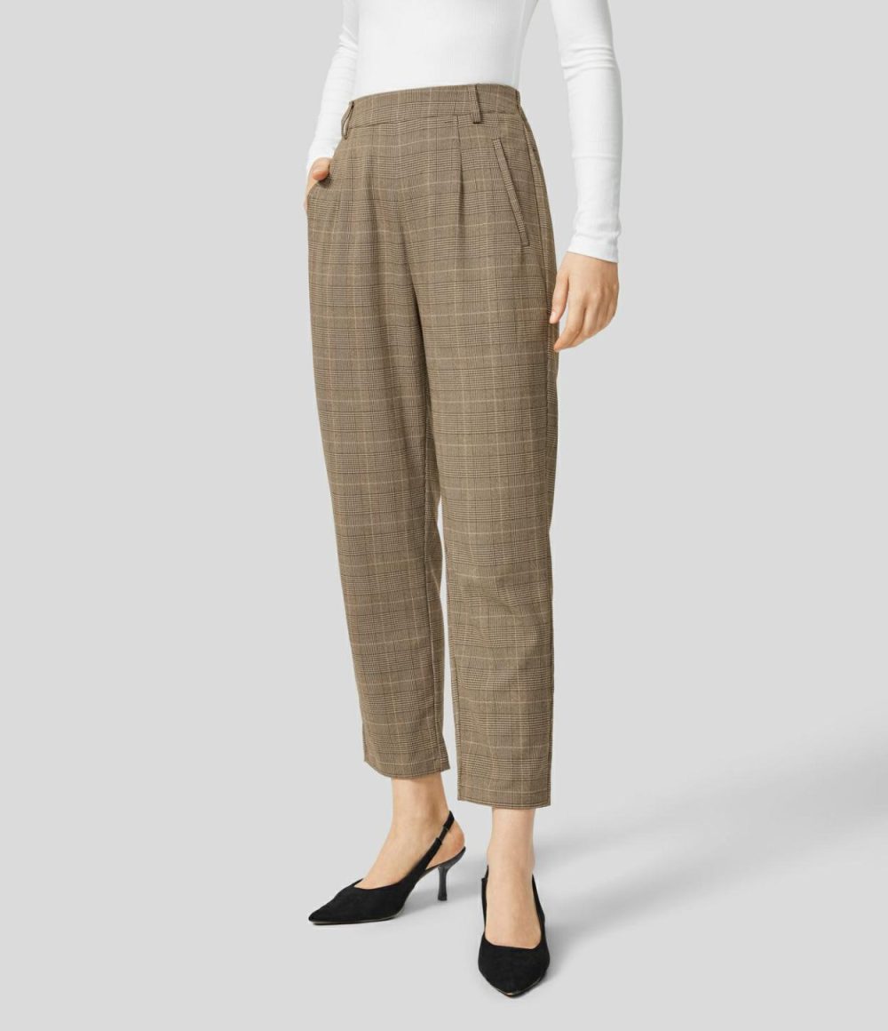 High Waisted Invisible Zipper Side Pocket Straight Leg Houndstooth Work Suit Pants  | Womens  Active Work Pants Active Work Pants Active Work Pants