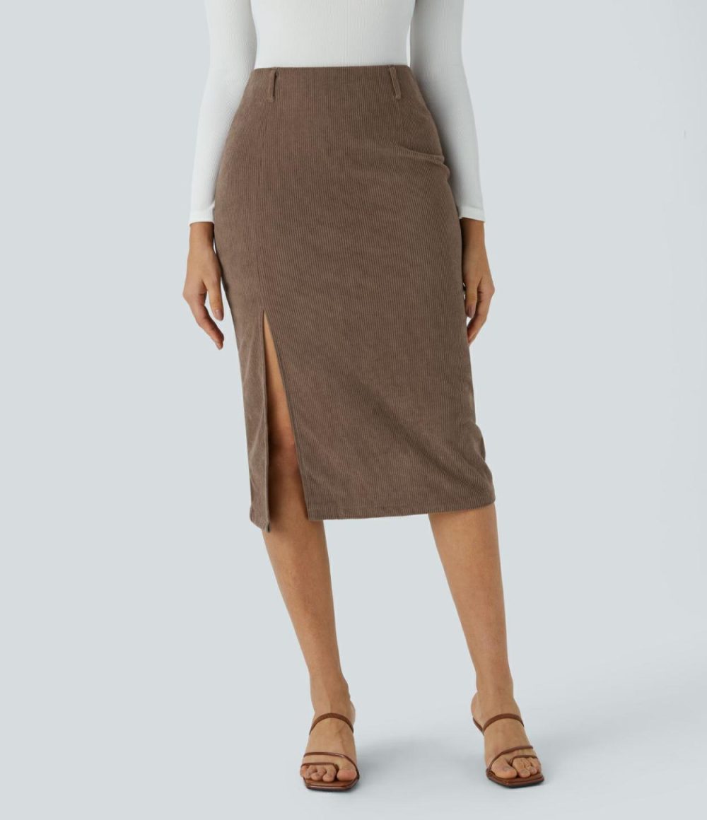 High Waisted Invisible Zipper Split Hem Midi Corduroy Casual Skirt  | Womens  Everyday Skirts Clothing Cocoa Brown/Black/Pompeian Red/Icy Bamboo Green/Dress Blues/Pomegranate/Bombay Brown/Desert Sand