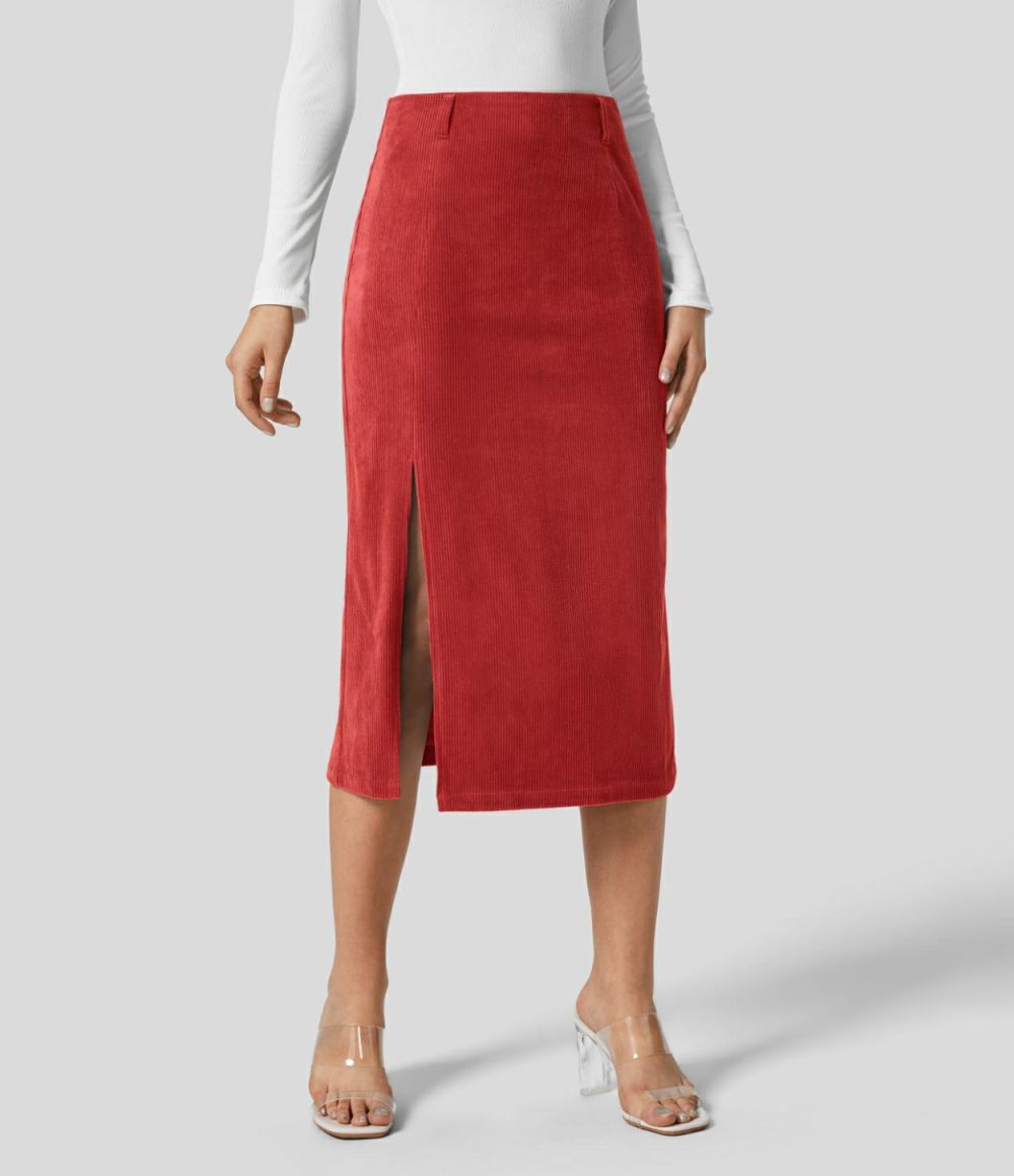 High Waisted Invisible Zipper Split Hem Midi Corduroy Casual Skirt  | Womens  Everyday Skirts Clothing Cocoa Brown/Black/Pompeian Red/Icy Bamboo Green/Dress Blues/Pomegranate/Bombay Brown/Desert Sand