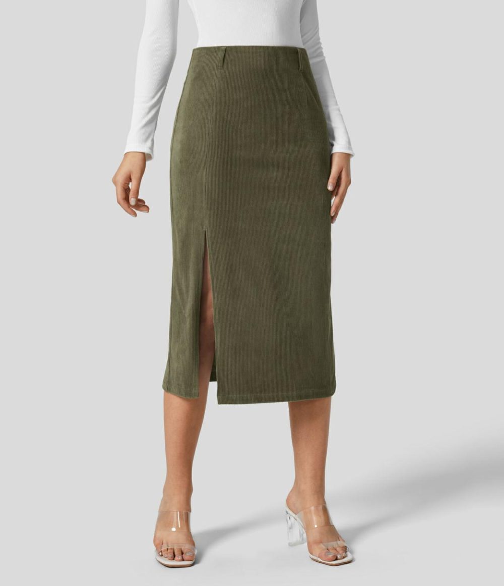 High Waisted Invisible Zipper Split Hem Midi Corduroy Casual Skirt  | Womens  Everyday Skirts Clothing Cocoa Brown/Black/Pompeian Red/Icy Bamboo Green/Dress Blues/Pomegranate/Bombay Brown/Desert Sand