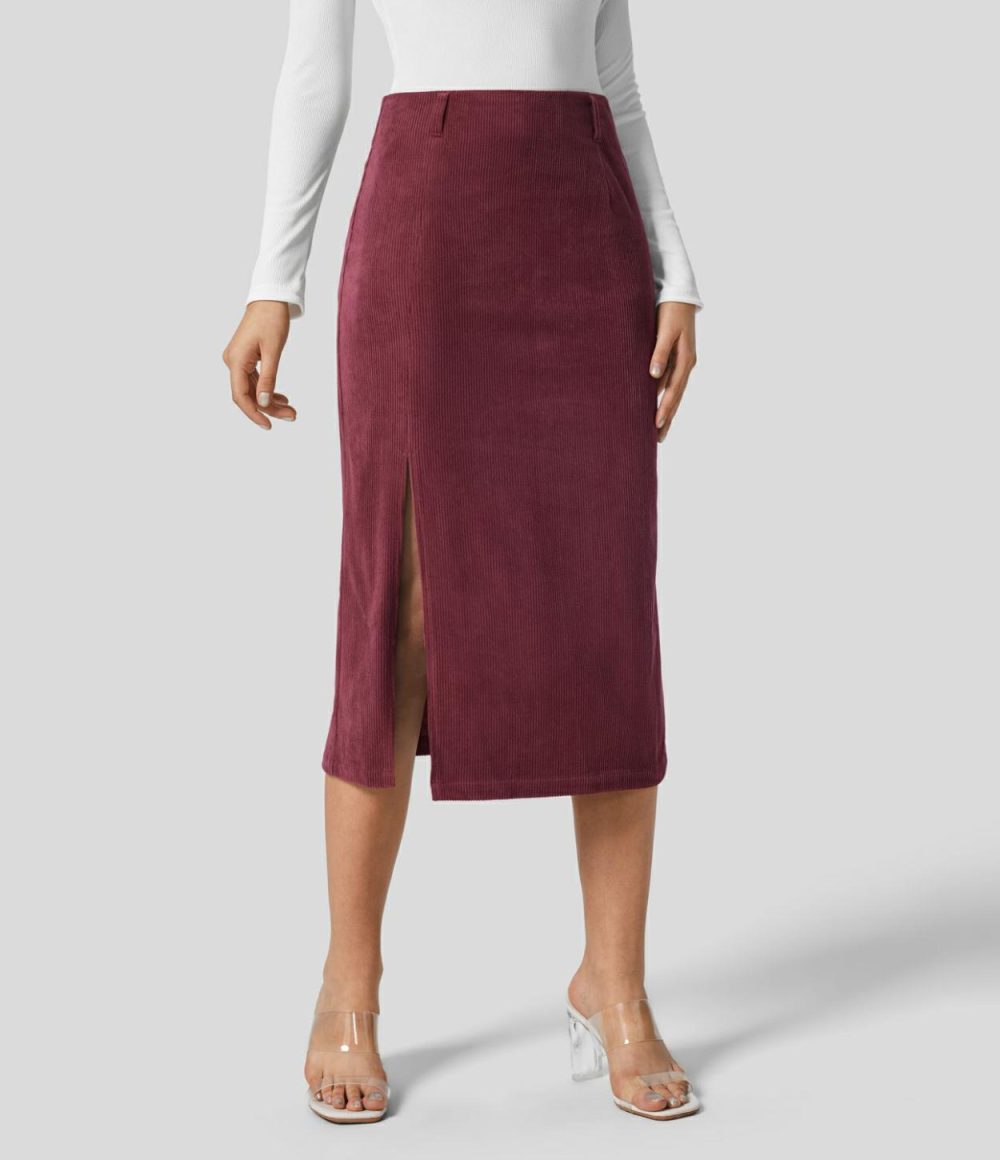 High Waisted Invisible Zipper Split Hem Midi Corduroy Casual Skirt  | Womens  Everyday Skirts Clothing Cocoa Brown/Black/Pompeian Red/Icy Bamboo Green/Dress Blues/Pomegranate/Bombay Brown/Desert Sand