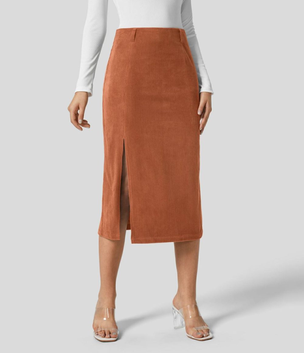 High Waisted Invisible Zipper Split Hem Midi Corduroy Casual Skirt  | Womens  Everyday Skirts Clothing Cocoa Brown/Black/Pompeian Red/Icy Bamboo Green/Dress Blues/Pomegranate/Bombay Brown/Desert Sand