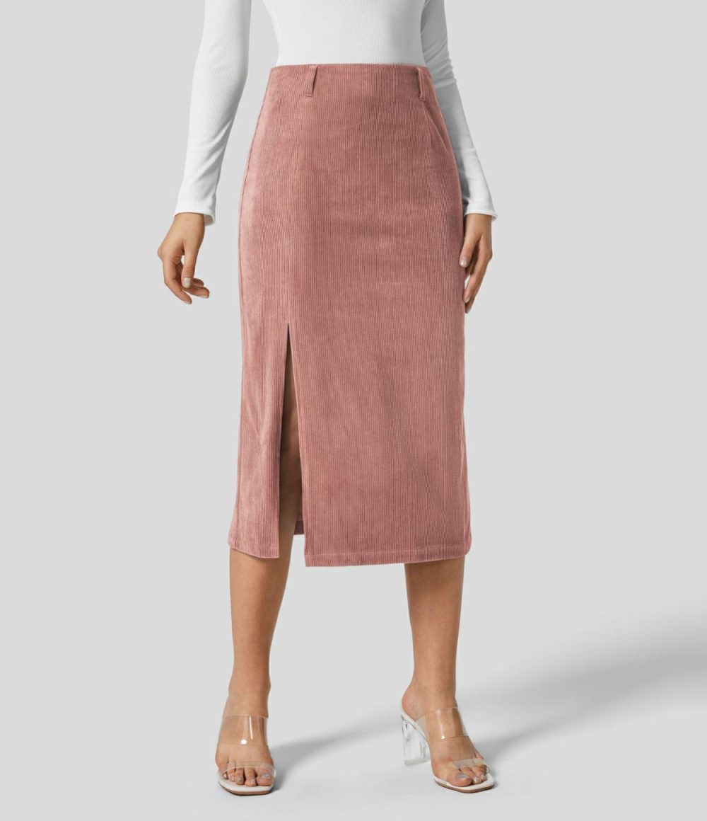 High Waisted Invisible Zipper Split Hem Midi Corduroy Casual Skirt  | Womens  Everyday Skirts Clothing Cocoa Brown/Black/Pompeian Red/Icy Bamboo Green/Dress Blues/Pomegranate/Bombay Brown/Desert Sand