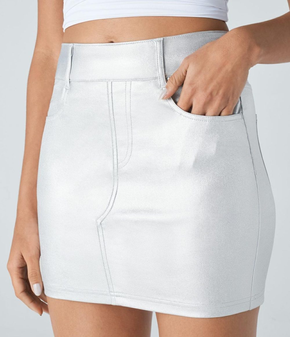 High Waisted Multiple Pockets Bodycon Metallic Mini Casual Skirt  | Womens  Denim Shorts Clothing Denim Shorts