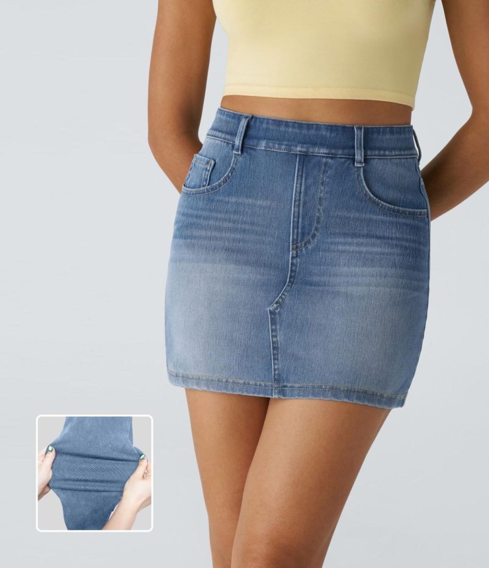 High Waisted Multiple Pockets Bodycon Mini Washed Stretchy Knit Denim Casual Skirt  | Womens  Denim Shorts Clothing Blue Spruce Denim/Dark Gray Denim