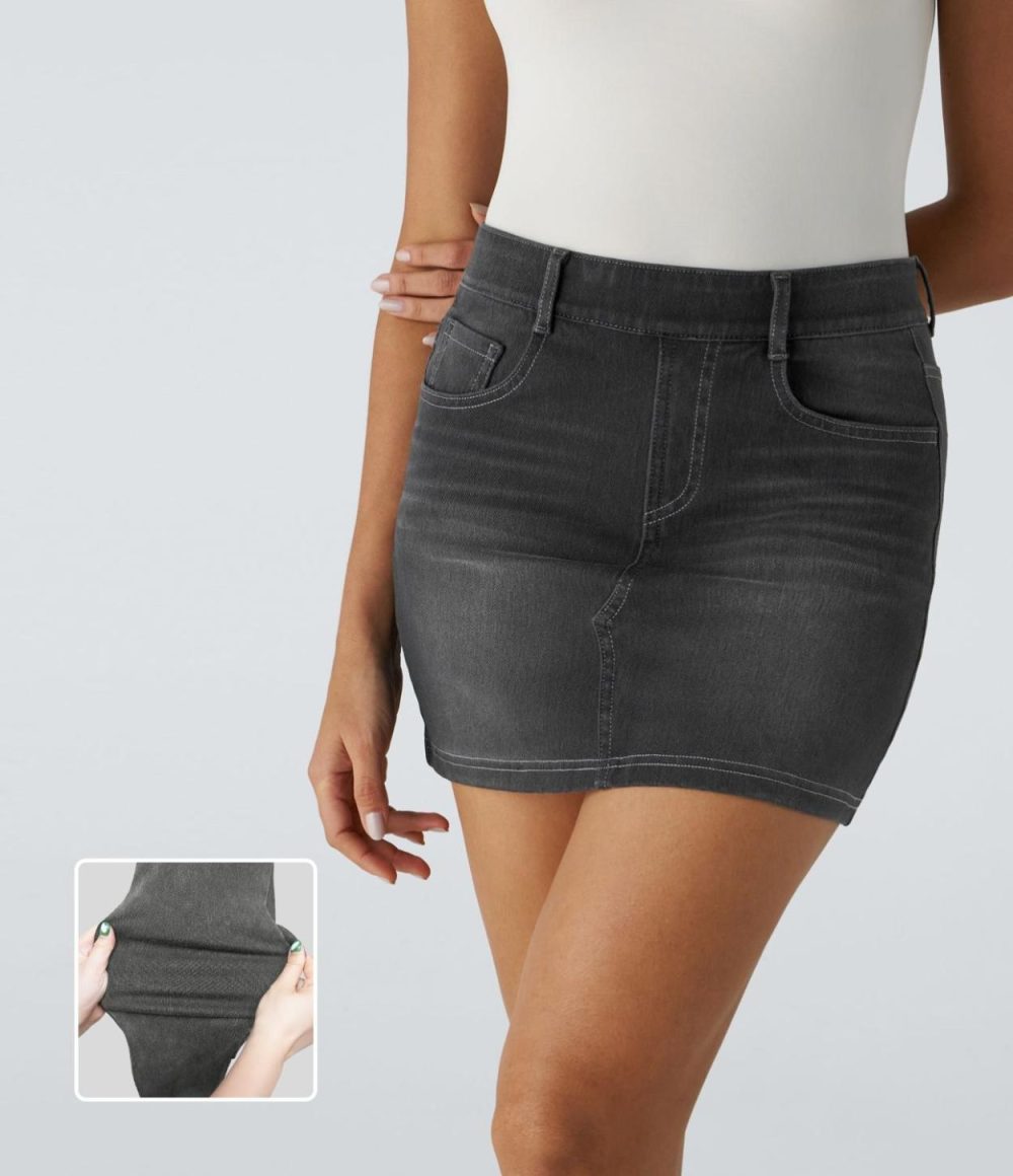 High Waisted Multiple Pockets Bodycon Mini Washed Stretchy Knit Denim Casual Skirt  | Womens  Denim Shorts Clothing Blue Spruce Denim/Dark Gray Denim