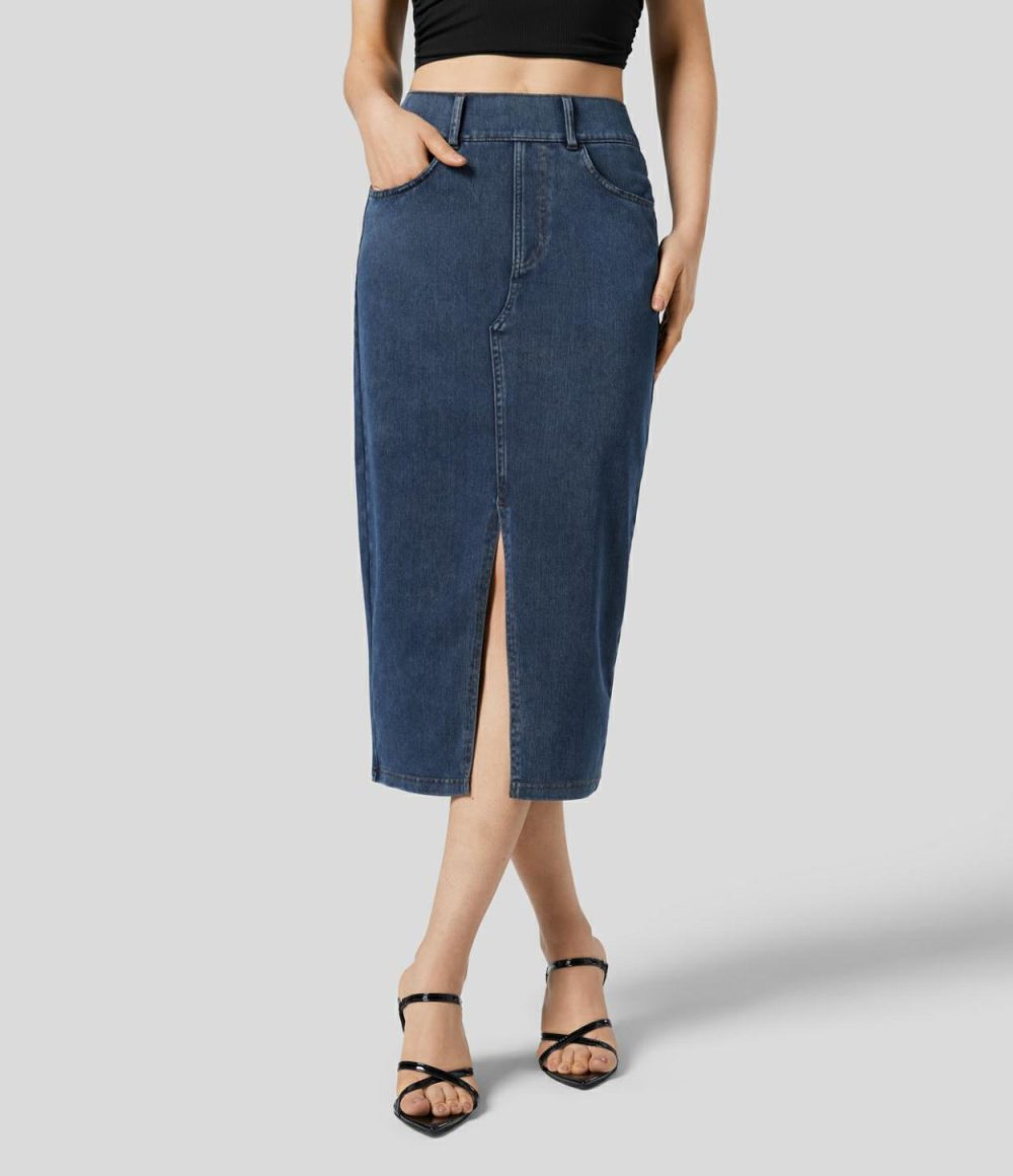 High Waisted Multiple Pockets Bodycon Split Stretchy Knit Denim Casual Midi Skirt  | Womens  Jeans Clothing Denim Shorts