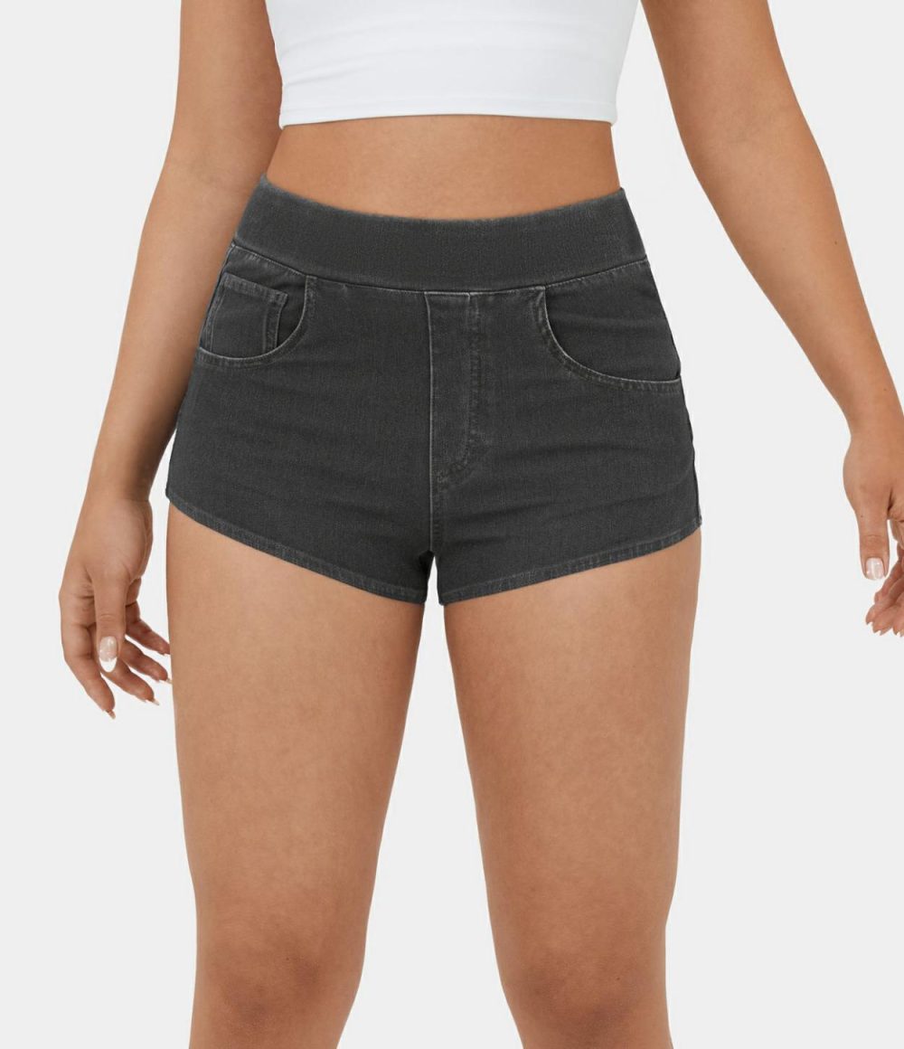 High Waisted Multiple Pockets Cool Touch Breathable Washed Stretchy Knit Denim Casual Shorts 2”  | Womens  Jeans Clothing Denim Black/Nettle Blue Denim