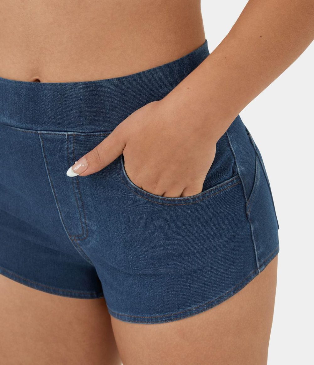 High Waisted Multiple Pockets Cool Touch Breathable Washed Stretchy Knit Denim Casual Shorts 2”  | Womens  Jeans Clothing Denim Black/Nettle Blue Denim