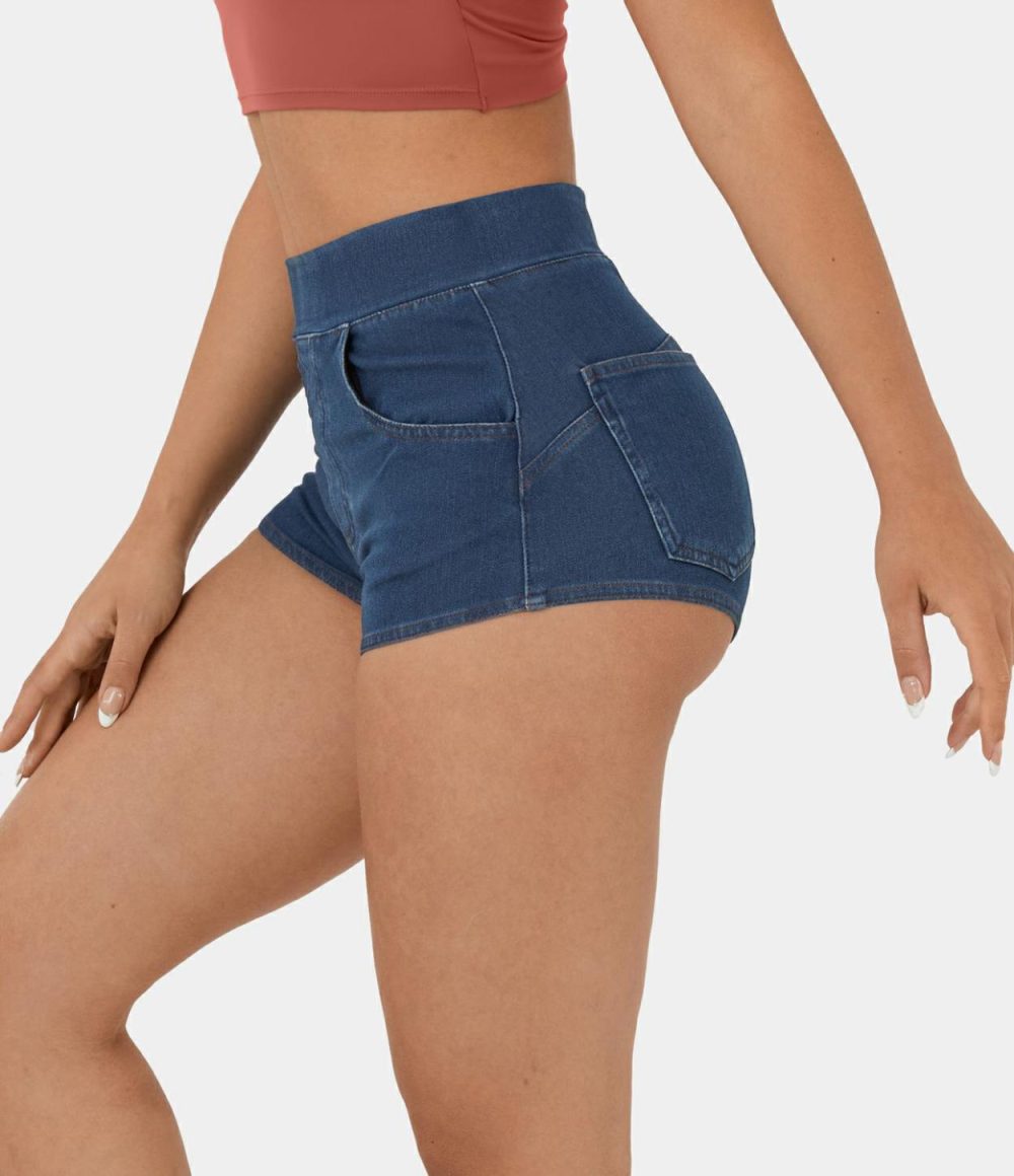 High Waisted Multiple Pockets Cool Touch Breathable Washed Stretchy Knit Denim Casual Shorts 2”  | Womens  Jeans Clothing Denim Black/Nettle Blue Denim