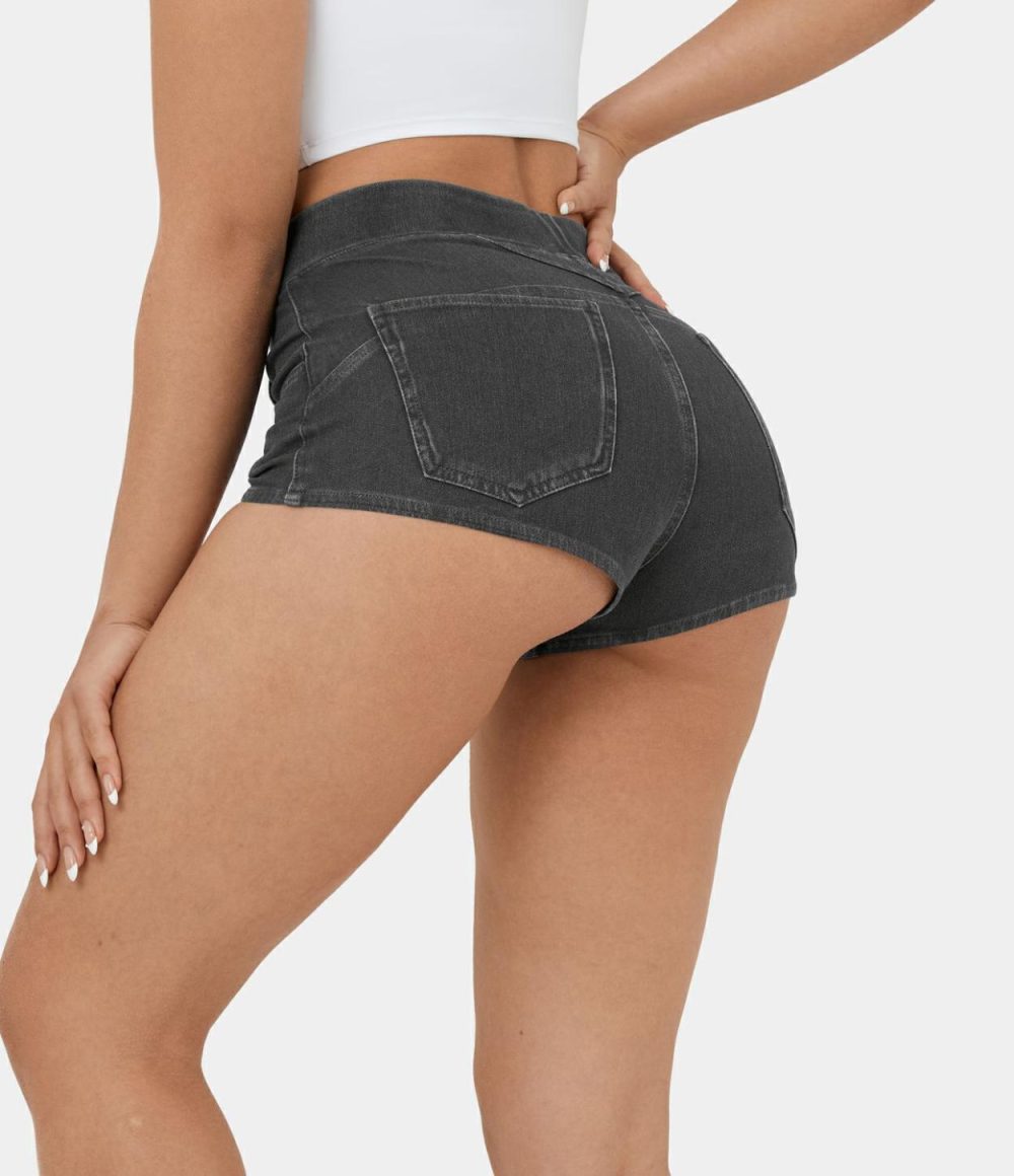 High Waisted Multiple Pockets Cool Touch Breathable Washed Stretchy Knit Denim Casual Shorts 2”  | Womens  Jeans Clothing Denim Black/Nettle Blue Denim