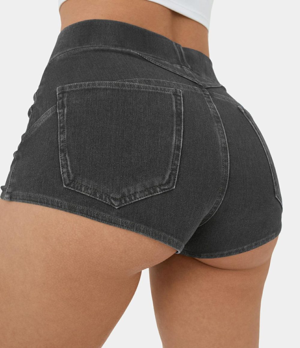 High Waisted Multiple Pockets Cool Touch Breathable Washed Stretchy Knit Denim Casual Shorts 2”  | Womens  Jeans Clothing Denim Black/Nettle Blue Denim