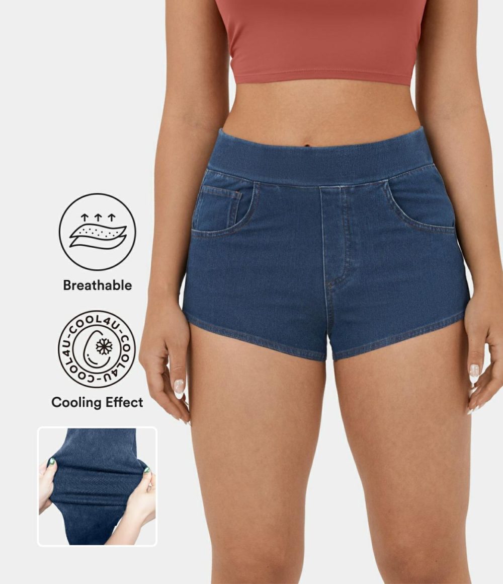 High Waisted Multiple Pockets Cool Touch Breathable Washed Stretchy Knit Denim Casual Shorts 2”  | Womens  Jeans Clothing Denim Black/Nettle Blue Denim