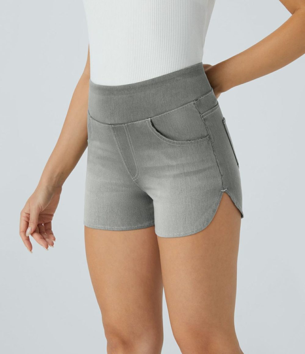 High Waisted Multiple Pockets Curved Hem Skinny Stretchy Knit Denim Casual Shorts 3”  | Womens  Jeans Clothing Denim Shorts