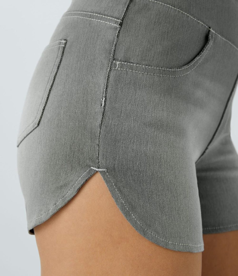 High Waisted Multiple Pockets Curved Hem Skinny Stretchy Knit Denim Casual Shorts 3”  | Womens  Jeans Clothing Denim Shorts