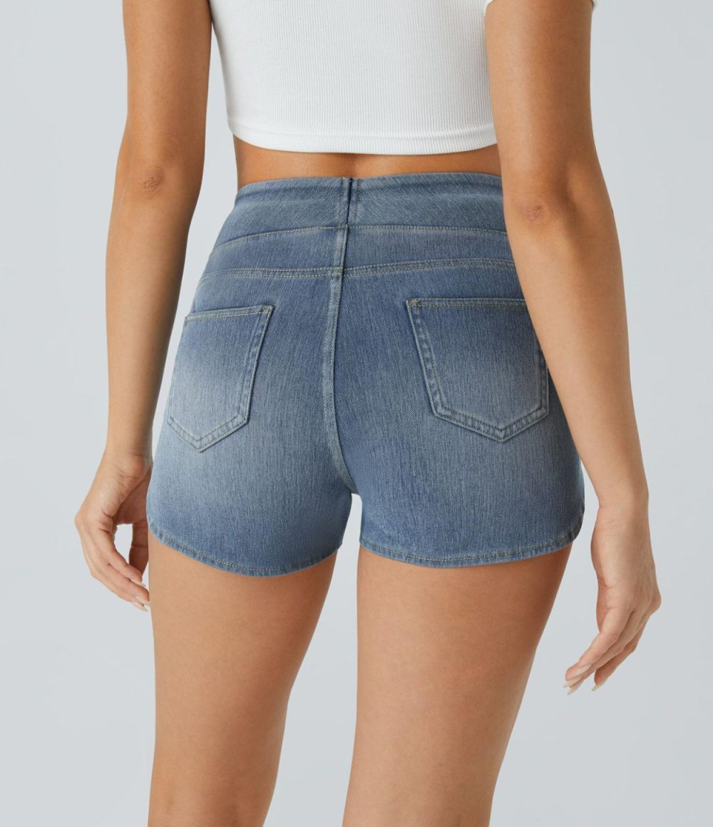 High Waisted Multiple Pockets Curved Hem Skinny Stretchy Knit Denim Casual Shorts 3”  | Womens  Jeans Clothing Denim Shorts