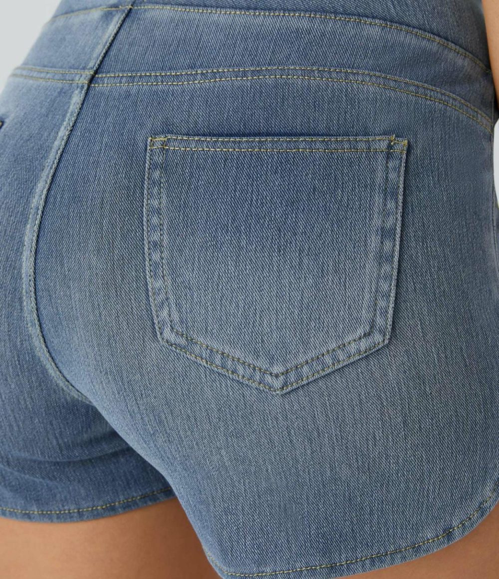 High Waisted Multiple Pockets Curved Hem Skinny Stretchy Knit Denim Casual Shorts 3”  | Womens  Jeans Clothing Denim Shorts