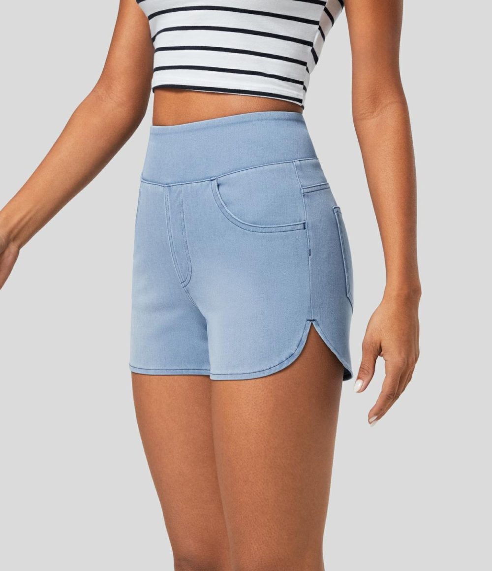 High Waisted Multiple Pockets Curved Hem Skinny Washed Stretchy Knit Denim Casual Shorts 3”  | Womens  Denim Shorts Clothing Blue Wind Denim/Sky Blue Denim