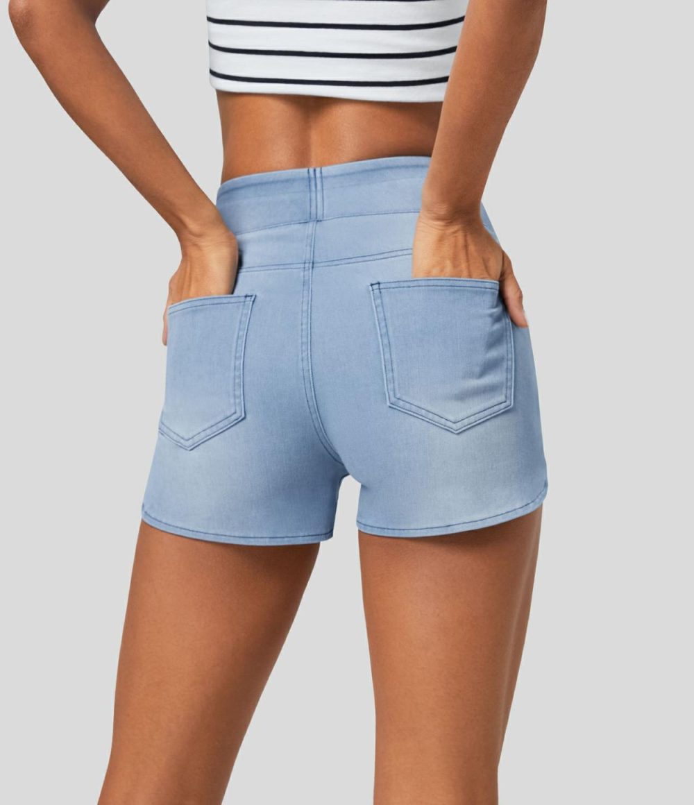 High Waisted Multiple Pockets Curved Hem Skinny Washed Stretchy Knit Denim Casual Shorts 3”  | Womens  Denim Shorts Clothing Blue Wind Denim/Sky Blue Denim