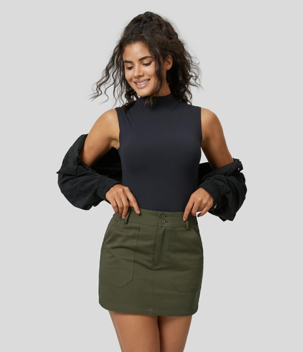 High Waisted Multiple Pockets Mini Straight Casual Cotton Cargo Skirt  | Womens  Cargo Pants Cargo Pants Black/Hazel Mist Green