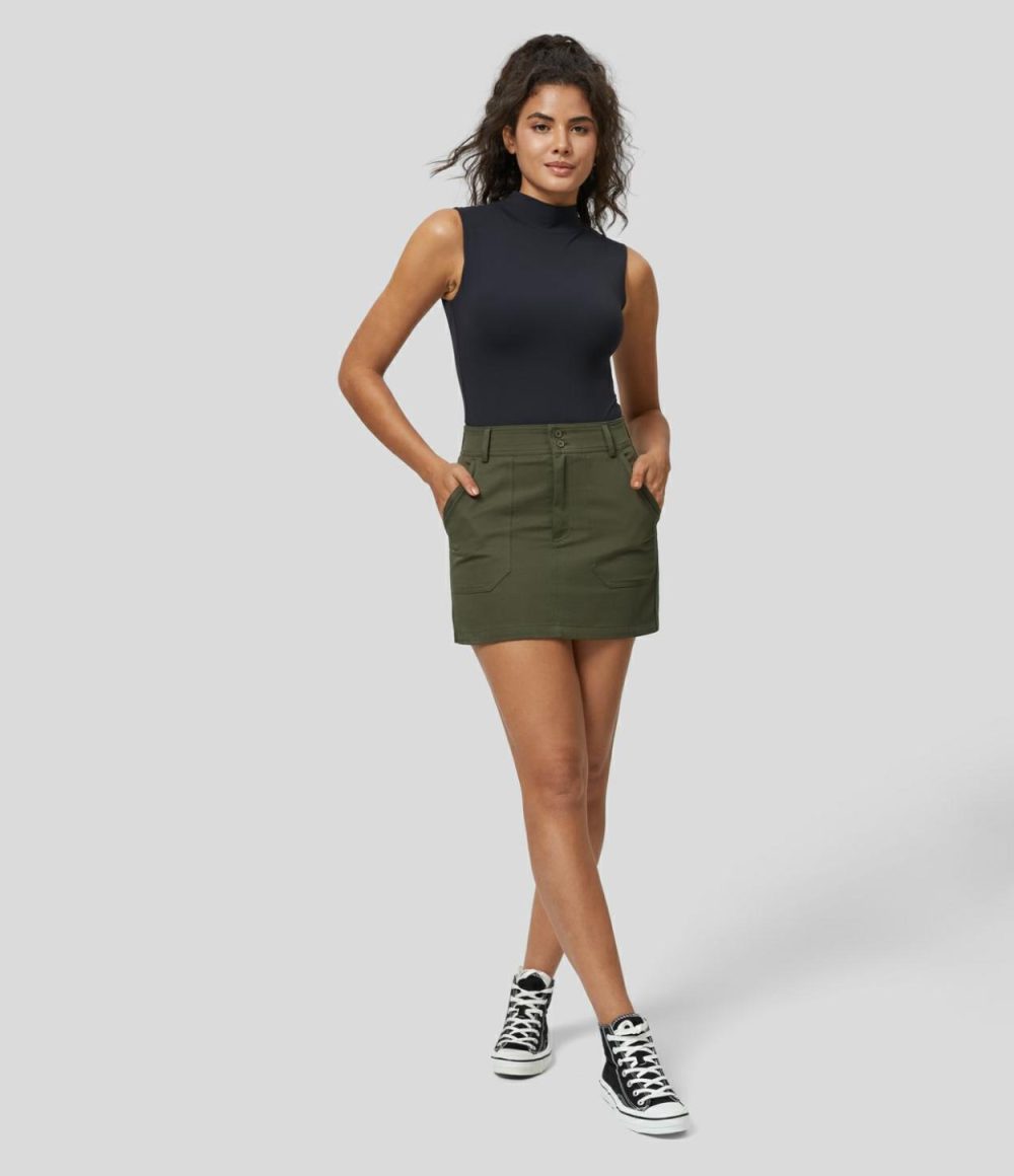 High Waisted Multiple Pockets Mini Straight Casual Cotton Cargo Skirt  | Womens  Cargo Pants Cargo Pants Black/Hazel Mist Green