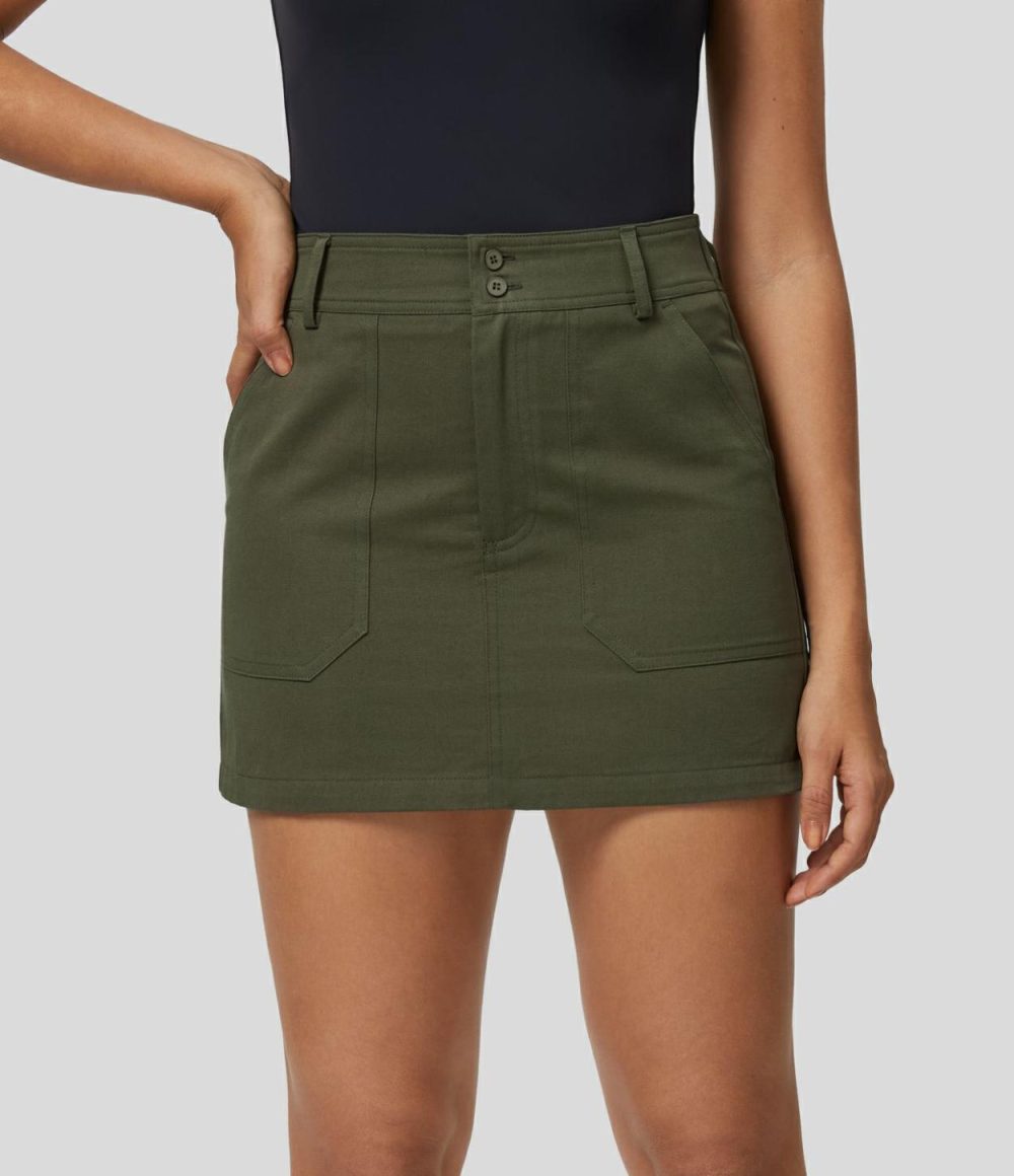 High Waisted Multiple Pockets Mini Straight Casual Cotton Cargo Skirt  | Womens  Cargo Pants Cargo Pants Black/Hazel Mist Green