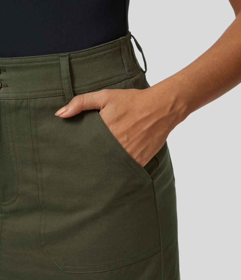 High Waisted Multiple Pockets Mini Straight Casual Cotton Cargo Skirt  | Womens  Cargo Pants Cargo Pants Black/Hazel Mist Green