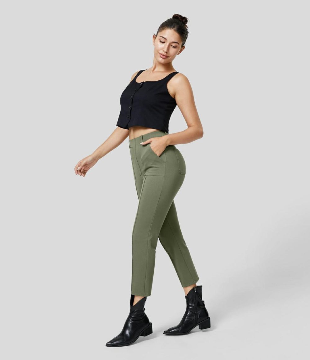 High Waisted Multiple Pockets Pick-Stitching Work Capri Pants  | Womens  Active Work Pants Active Work Pants Active Work Pants