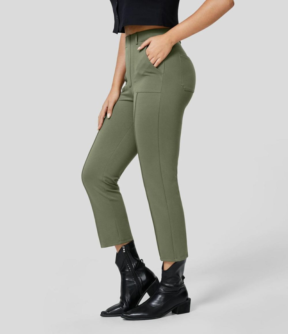 High Waisted Multiple Pockets Pick-Stitching Work Capri Pants  | Womens  Active Work Pants Active Work Pants Active Work Pants