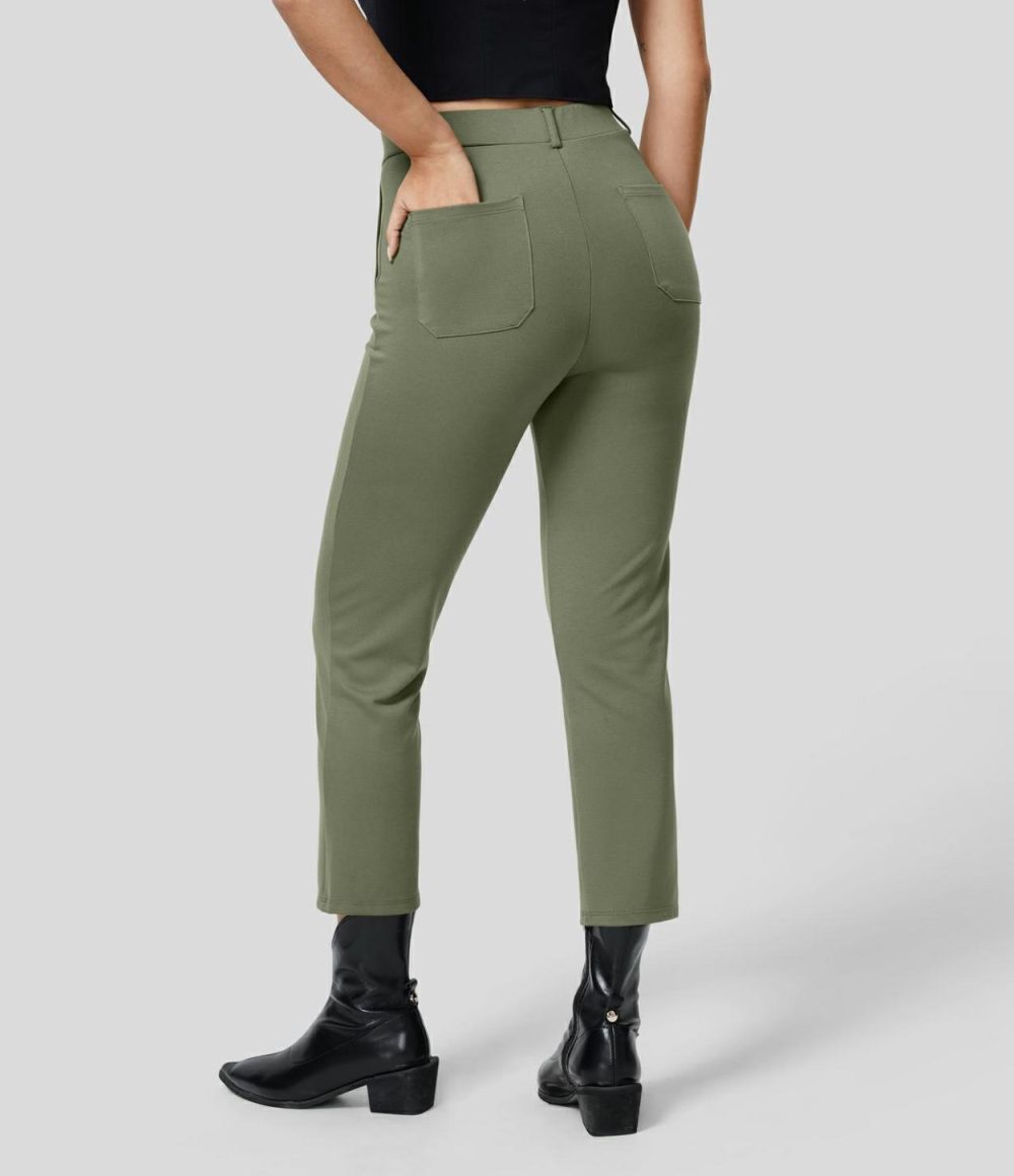 High Waisted Multiple Pockets Pick-Stitching Work Capri Pants  | Womens  Active Work Pants Active Work Pants Active Work Pants