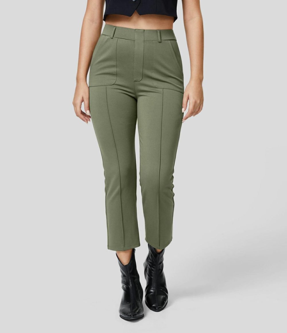 High Waisted Multiple Pockets Pick-Stitching Work Capri Pants  | Womens  Active Work Pants Active Work Pants Active Work Pants