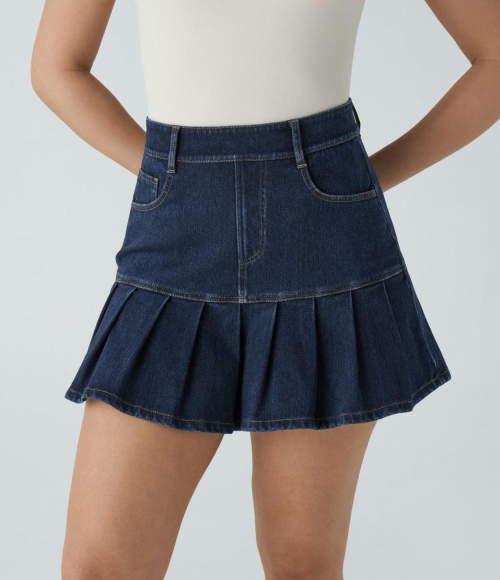 High Waisted Multiple Pockets Pleated Mini Washed Stretchy Knit Denim Casual Skirt  | Womens  Denim Shorts Clothing Dark Blue Denim/Aquamarine Denim