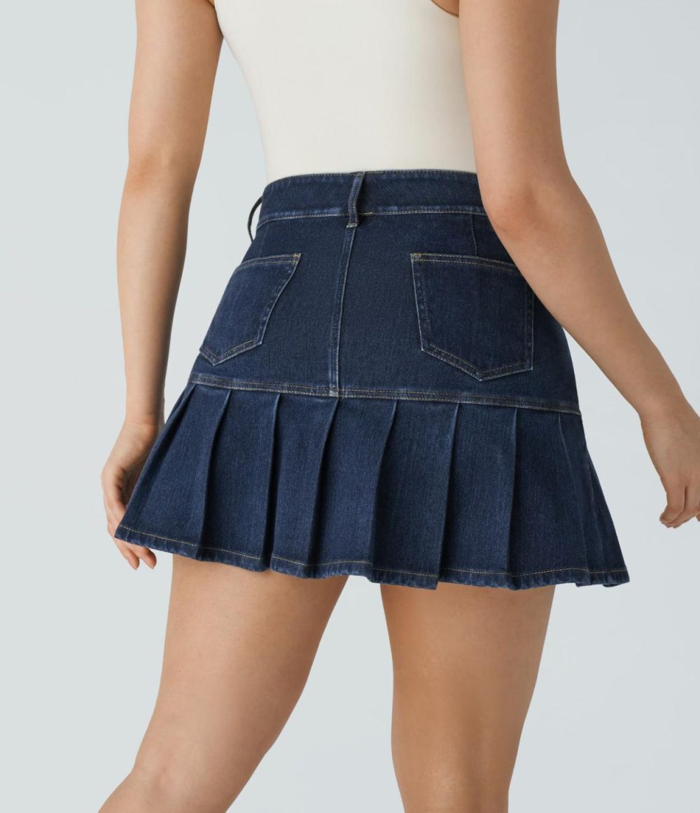 High Waisted Multiple Pockets Pleated Mini Washed Stretchy Knit Denim Casual Skirt  | Womens  Denim Shorts Clothing Dark Blue Denim/Aquamarine Denim