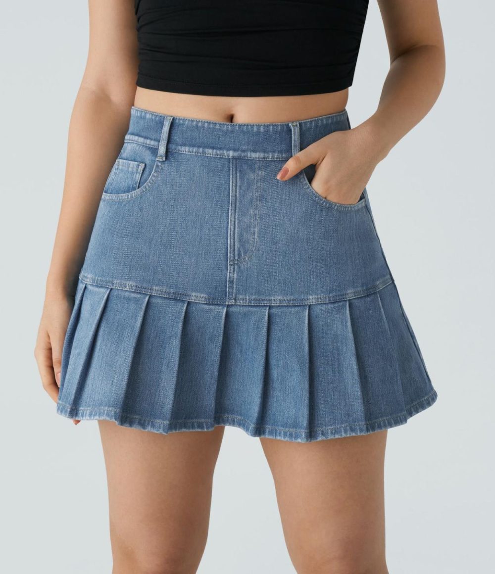 High Waisted Multiple Pockets Pleated Mini Washed Stretchy Knit Denim Casual Skirt  | Womens  Denim Shorts Clothing Dark Blue Denim/Aquamarine Denim