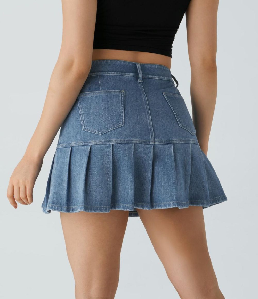 High Waisted Multiple Pockets Pleated Mini Washed Stretchy Knit Denim Casual Skirt  | Womens  Denim Shorts Clothing Dark Blue Denim/Aquamarine Denim