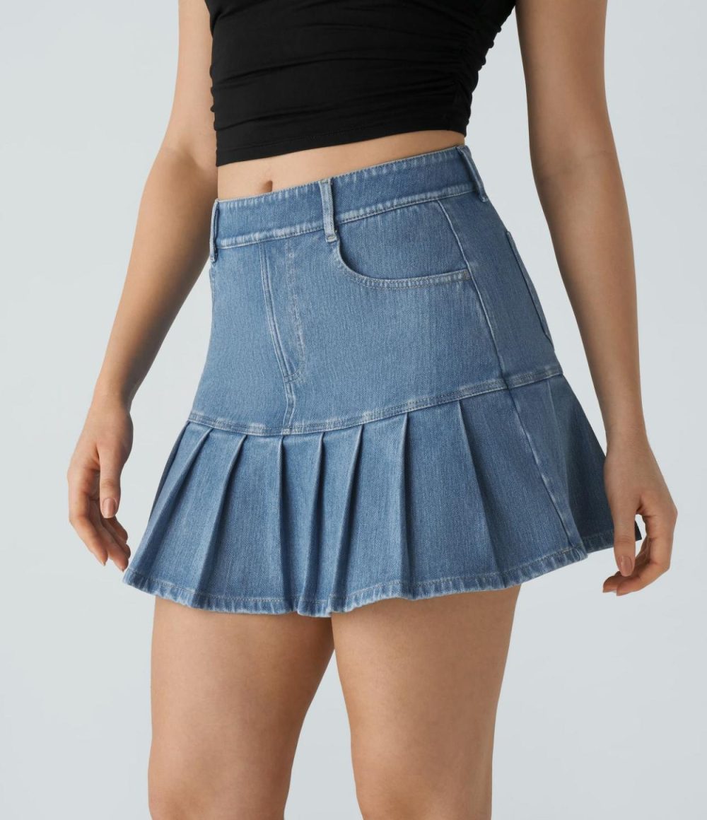 High Waisted Multiple Pockets Pleated Mini Washed Stretchy Knit Denim Casual Skirt  | Womens  Denim Shorts Clothing Dark Blue Denim/Aquamarine Denim