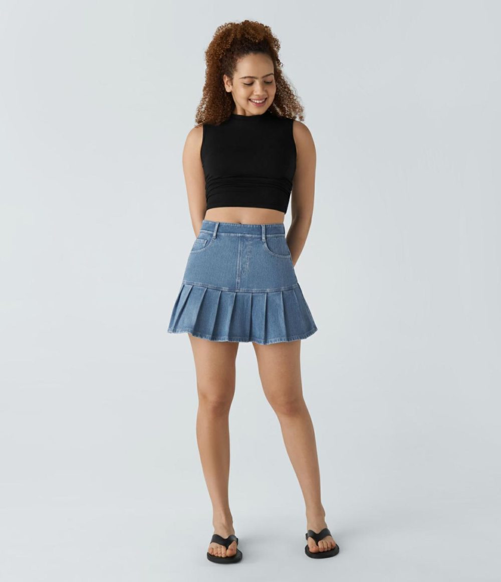 High Waisted Multiple Pockets Pleated Mini Washed Stretchy Knit Denim Casual Skirt  | Womens  Denim Shorts Clothing Dark Blue Denim/Aquamarine Denim