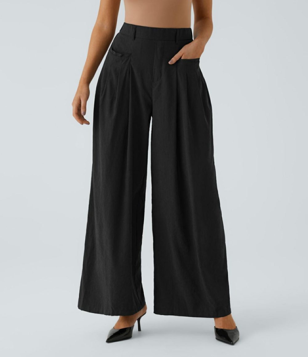 High Waisted Multiple Pockets Plicated Wide Leg Work Pants  | Womens  Active Work Pants Active Work Pants Active Work Pants