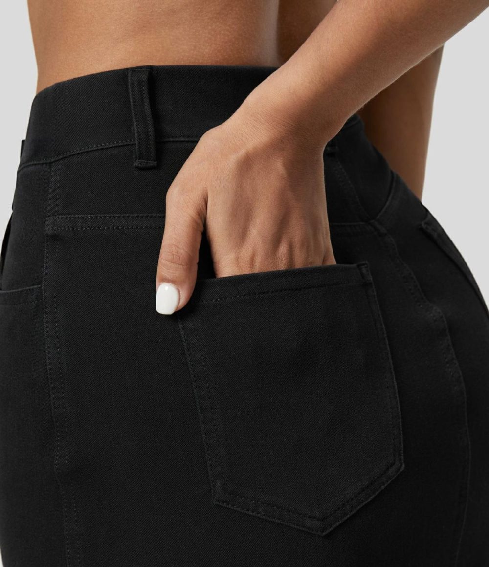 High Waisted Multiple Pockets Split Cool Touch Washed Stretchy Knit Denim Casual Skirt  | Womens  Jeans Clothing Denim Shorts