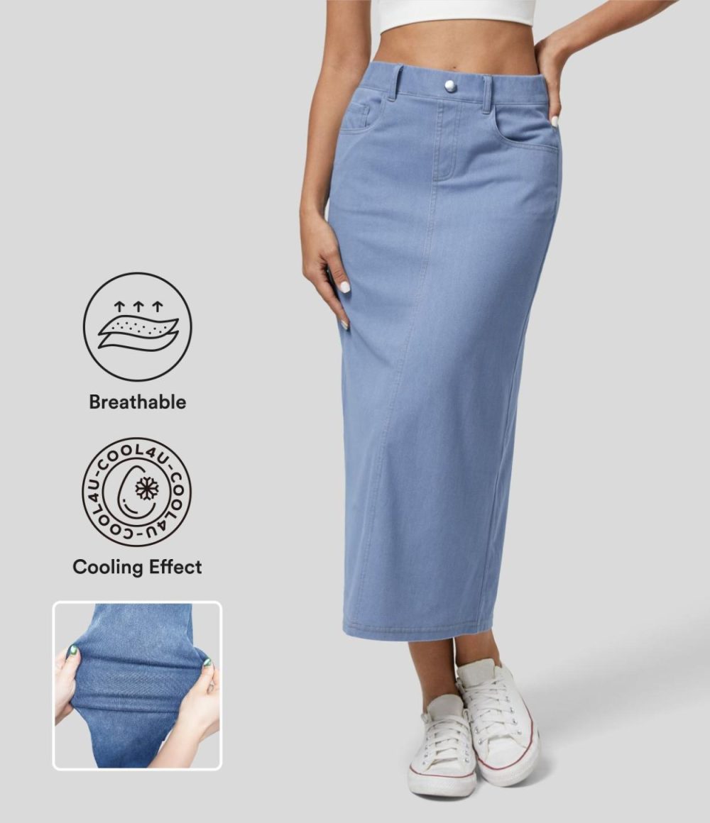 High Waisted Multiple Pockets Split Cool Touch Washed Stretchy Knit Denim Casual Skirt  | Womens  Jeans Clothing Denim Shorts