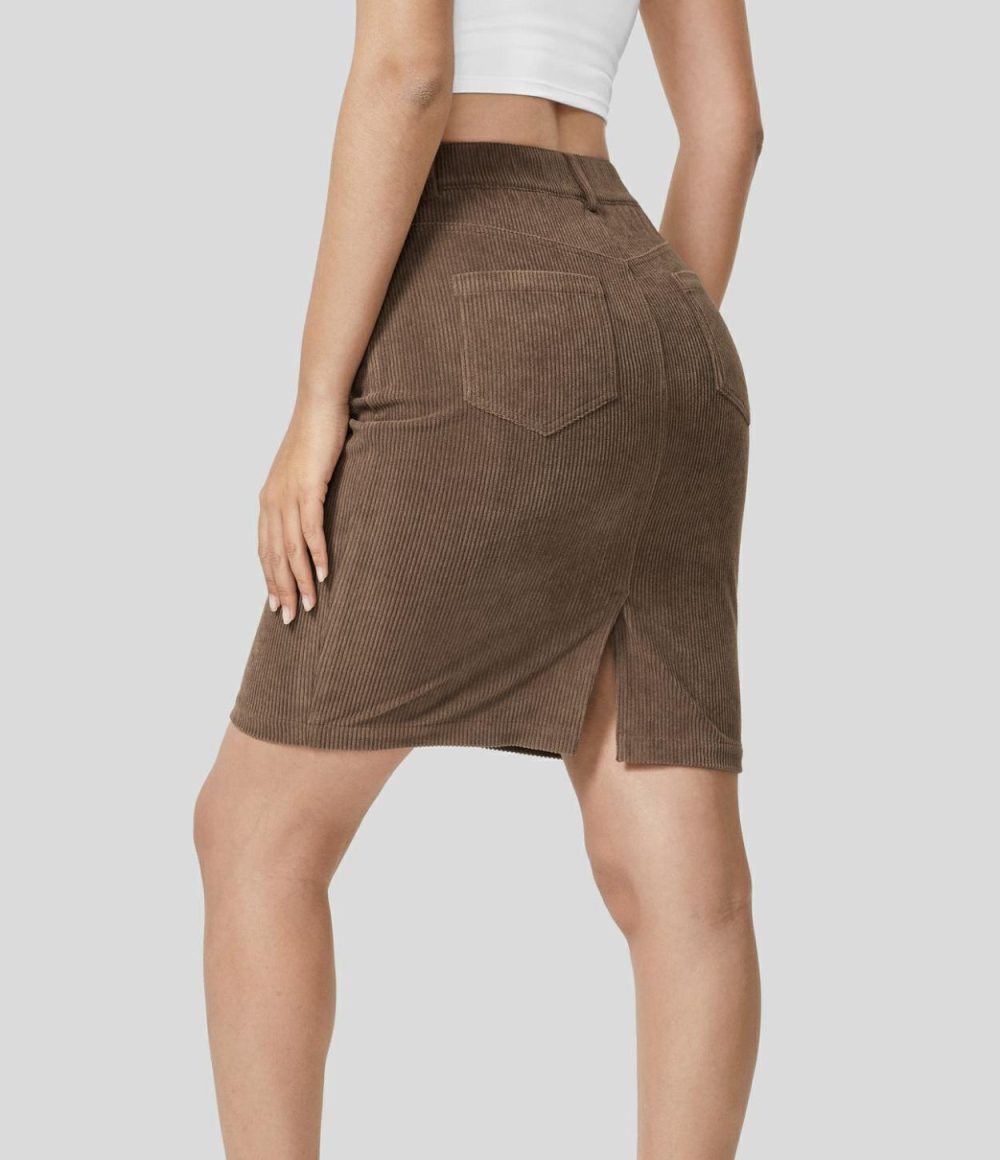 High Waisted Multiple Pockets Split Hem Corduroy Casual Bodycon Skirt  | Womens  Mini Skirts Clothing Cocoa Brown/Black