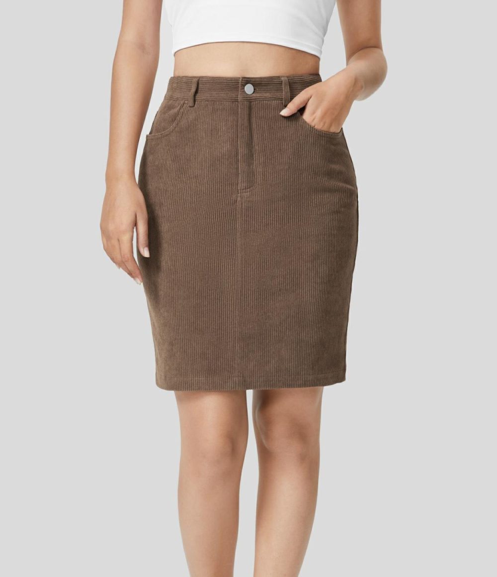 High Waisted Multiple Pockets Split Hem Corduroy Casual Bodycon Skirt  | Womens  Mini Skirts Clothing Cocoa Brown/Black