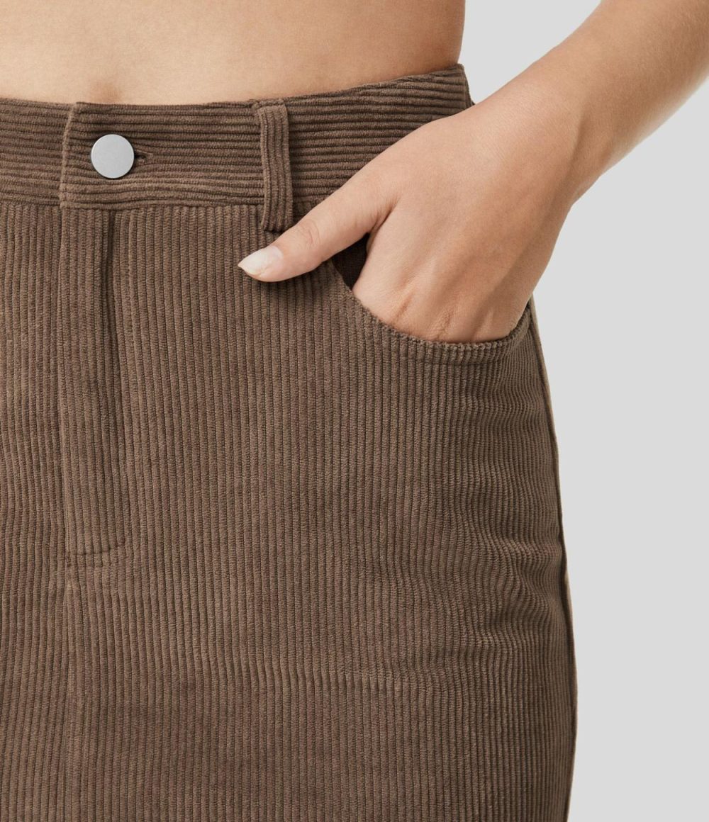 High Waisted Multiple Pockets Split Hem Corduroy Casual Bodycon Skirt  | Womens  Mini Skirts Clothing Cocoa Brown/Black