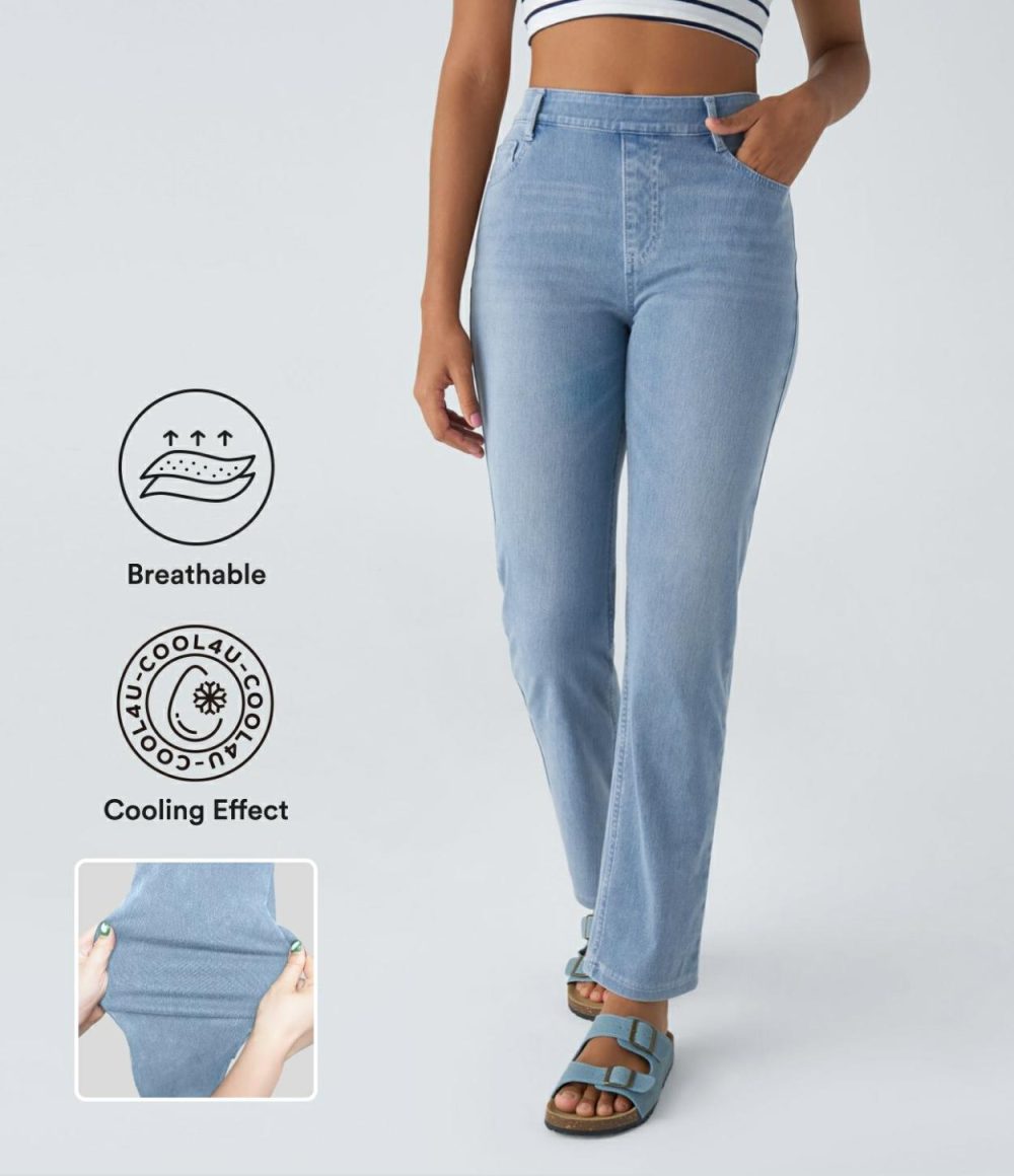 High Waisted Multiple Pockets Straight Leg Cool Touch Washed Stretchy Knit Casual Jeans  | Womens  Jeans Clothing Crushed Ice Blue Denim/Azure Pool Denim