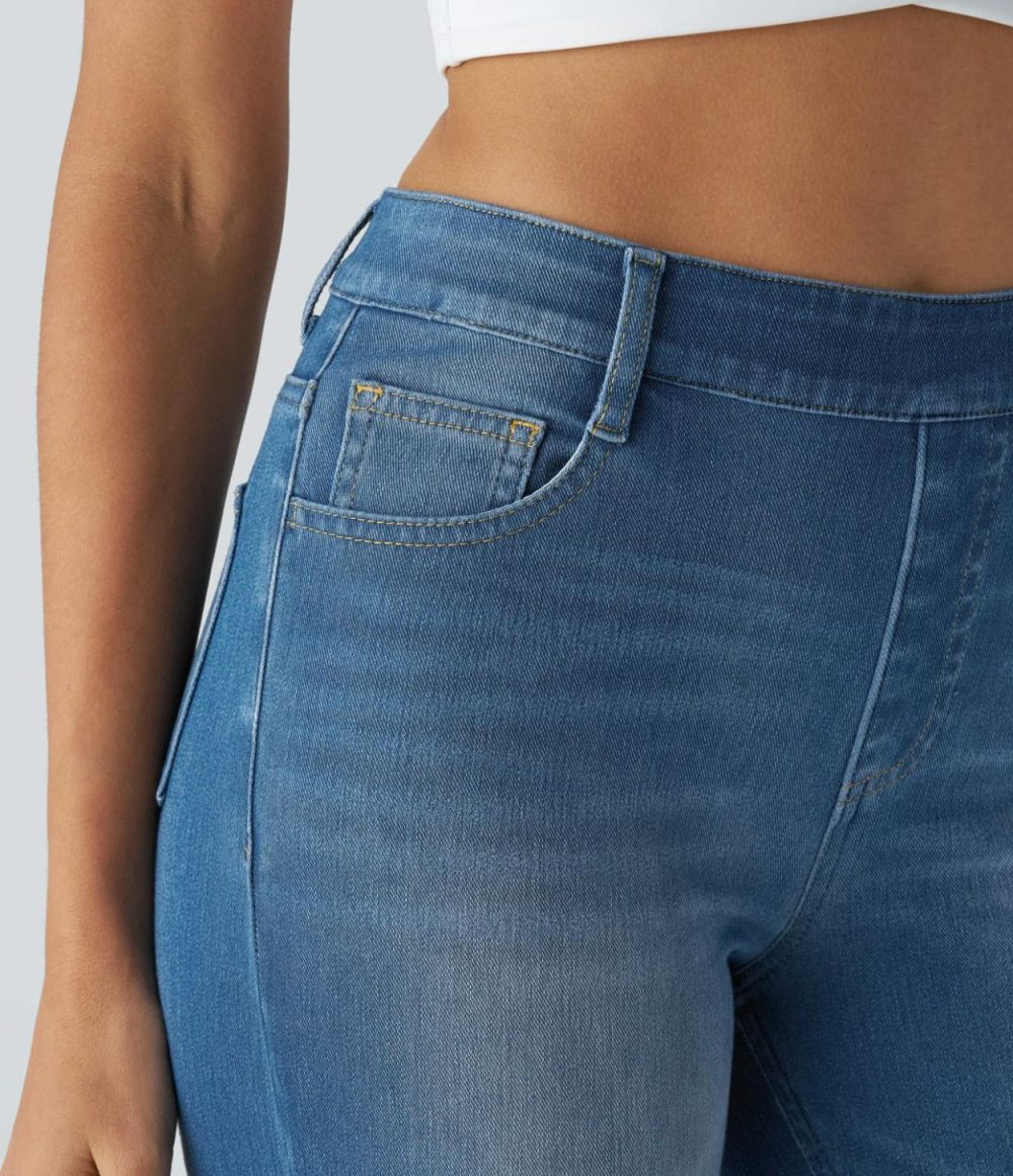 High Waisted Multiple Pockets Straight Leg Cool Touch Washed Stretchy Knit Casual Jeans  | Womens  Jeans Clothing Crushed Ice Blue Denim/Azure Pool Denim